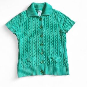 ll bean green cable knit short sleeve button up cardigan cotton medium